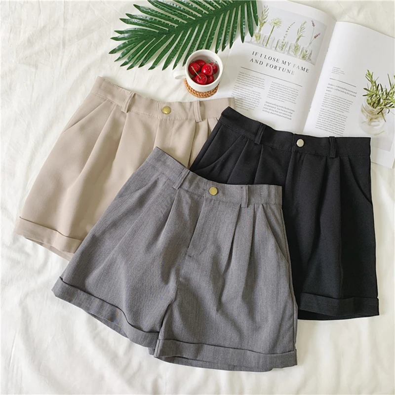 

Office Ladies Shorts Women Korean Fashion Solid color Loose High Waist Wide Leg Shorts Summer All Match Gray Black Short Femme