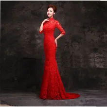 half sleeve lace chinese red long cheongsam dresses fashionable mermaid tail chinese style cheongsam wedding dresses