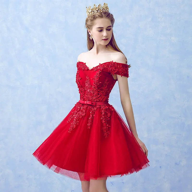 short red LAMYA Сексуальное Красное Кружевное элегантное платье длиной до колена для выпускного вечера Новое поступление женское платье трапециевидной формы с бисером вечернее платье с бантом - Цвет: short red