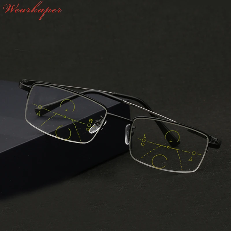 

WEARKAPER Memory Titanium Half frame Progressive Multifocal Reading Glasses Multifunction Bifocal Eyewear 1.0-3.0