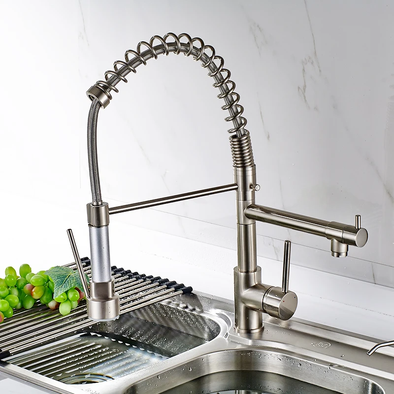 FLG Newly Design 360 Swivel 100% Solid Brass Single Handle Mixer Sink Tap Pull Out Down Kitchen Faucet In Brushed Nickel
