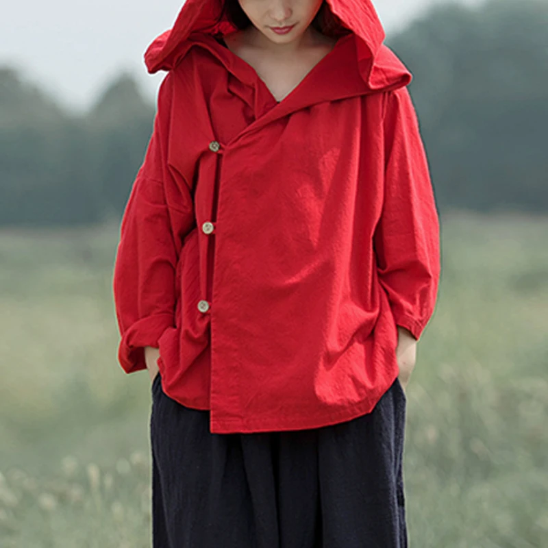 

Women Kimono Blouses Casual Vintage Hooded Long Sleeve Button Female Blouse Retro Plus Size Winter Autumn Tops Shirt Oversized