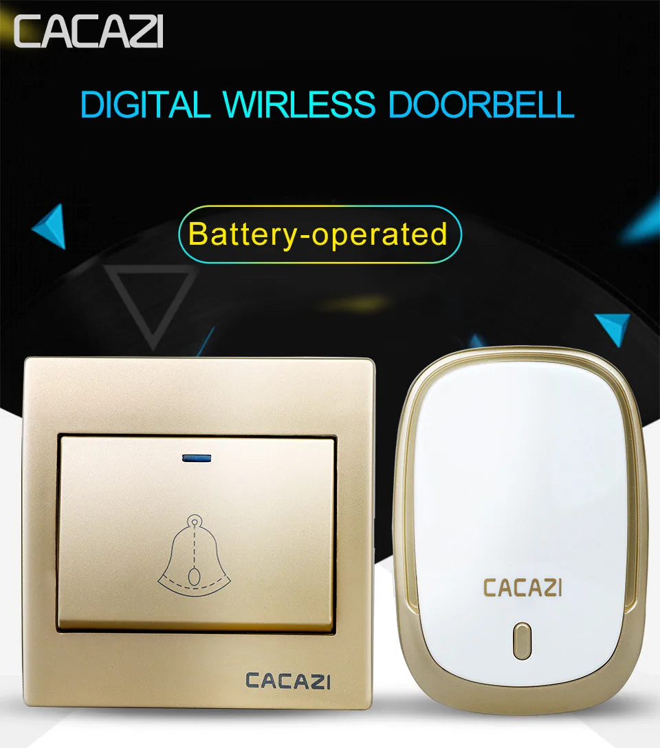 Беспроводной дверной звонок CACAZI водонепроницаемый 1 Батарейная кнопка+ 2 приемника 300 м дистанционный светодиодный светильник Домашний Беспроводной звонок 36 колокольчиков 4 громкости