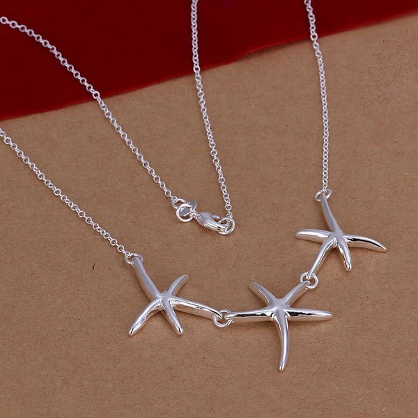 

925 jewelry silver plated necklace, 925 jewelry jewelry Triple Seastars Necklace N124