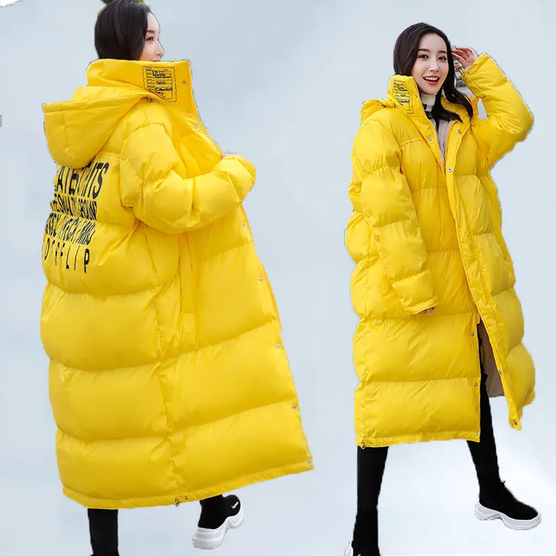 

2019 Winter Europe New High Quality Yellow Black Long Cotton Jacket Women Letter Printing Plus Size Hooded Warm Loose Jacket 423