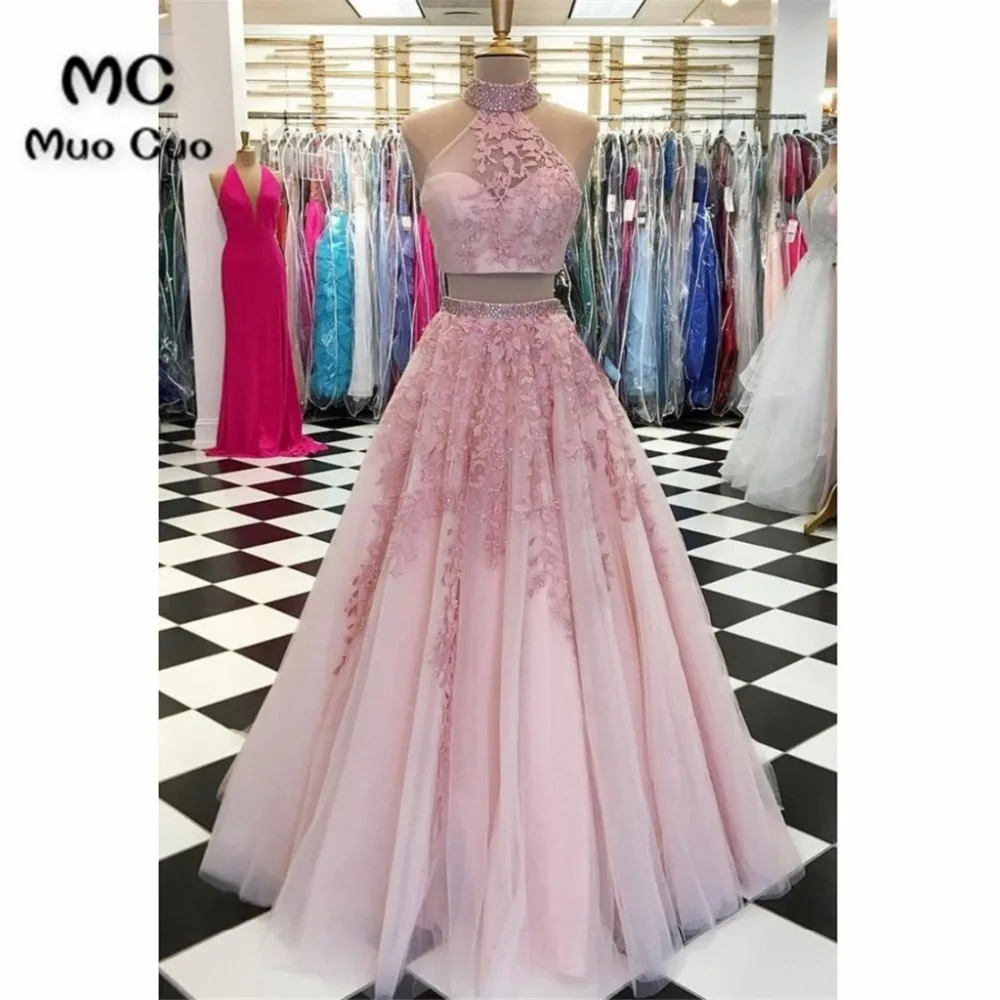 A Line Pink Two Pieces Long Tulle Prorm Dresses with Lace