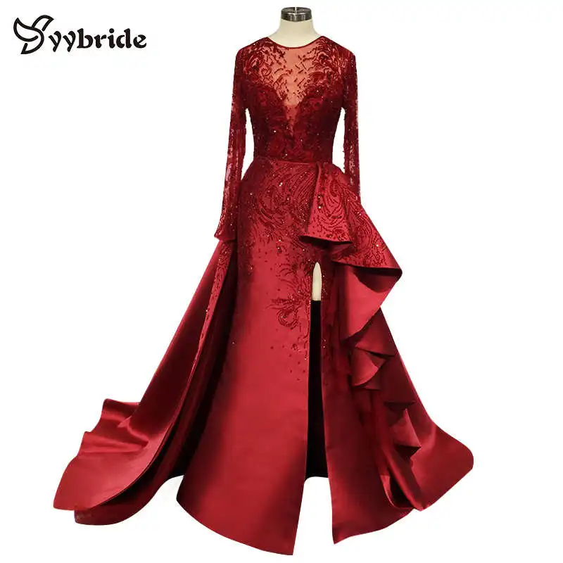 Surmount Индивидуальные сексуальные красные платья o-образным вырезом с длинным рукавом юбка с разрезом Поезд красное свадебное платье vestidos de festa платья для выпускного вечера - Цвет: red