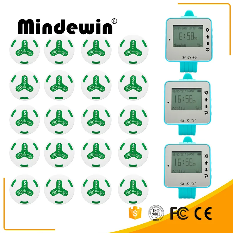

Mindewin 20pcs Call Transmitter ButtonM-K-4 And Watch Receiver Restaurant Pager M-W-1 Wireless Calling System Catering Equipment