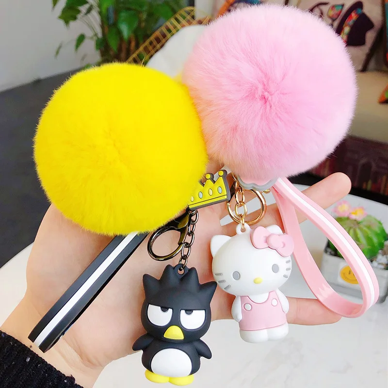 

Cute Rabbit Fur Ball Animal Keychain Pompom dolls Key Chain Pom Pom Porte Clef Fluffy Leather Key Ring Llaveros Chaveiros