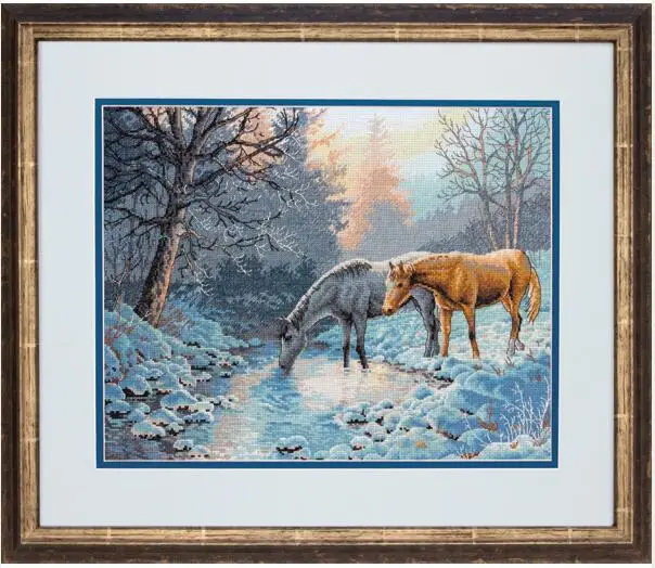cs-2120 Cross Stitch Kit Frosty Morning Winter Snow Two Horses Drink in the River dim 35294