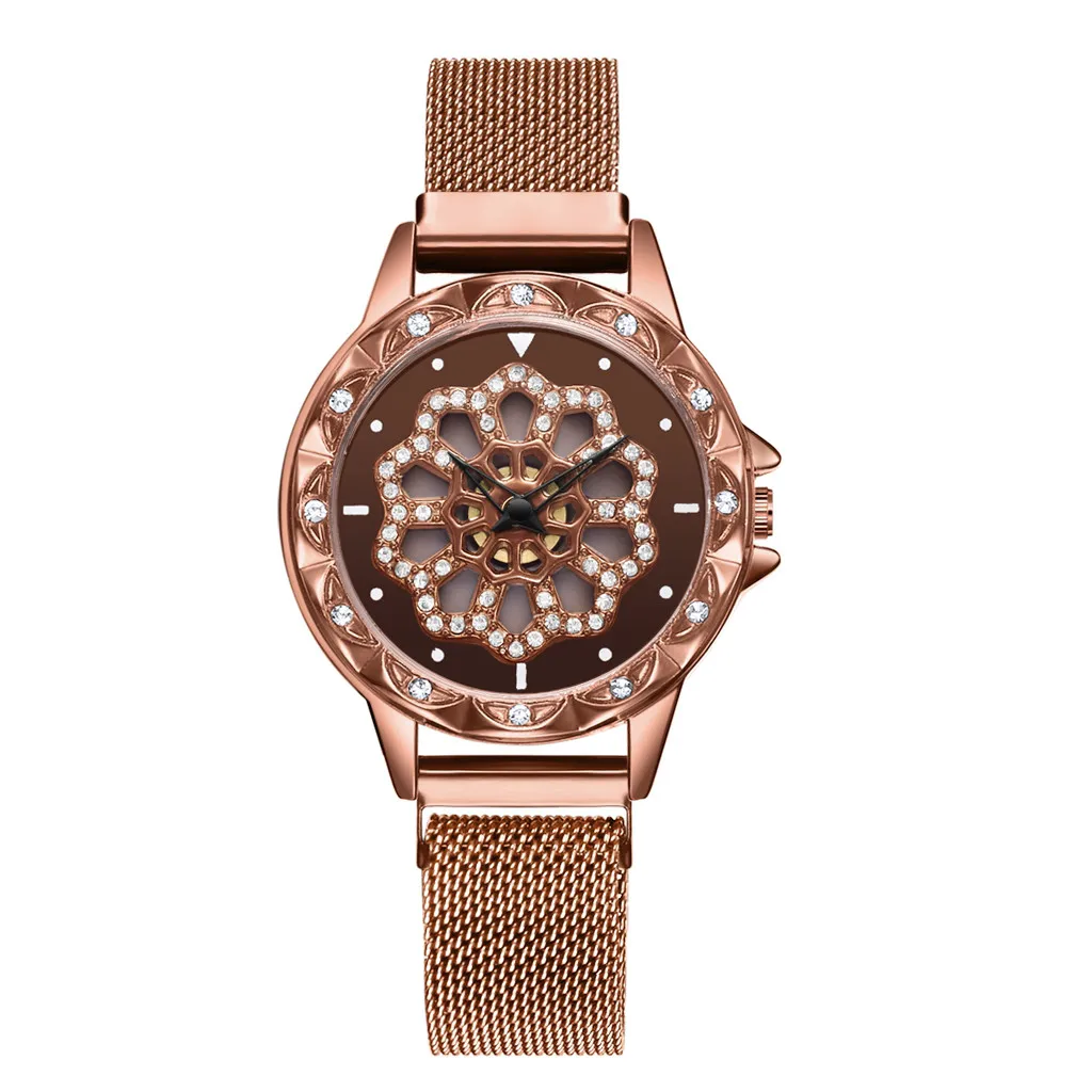 Для женщин часы 360 градусов вращающийся часы, чтобы запустить Женские кварцевые наручные часы с ремешком-сеткой Relogio Feminino#21 - Цвет: Coffee