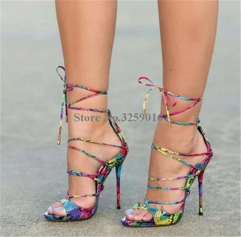 

New Design Women Fashion Straps Cross Colorized Snakeskin Gladiator Sandals Lace-up Mix-colors Thin High Heel Sandals Club Shoes