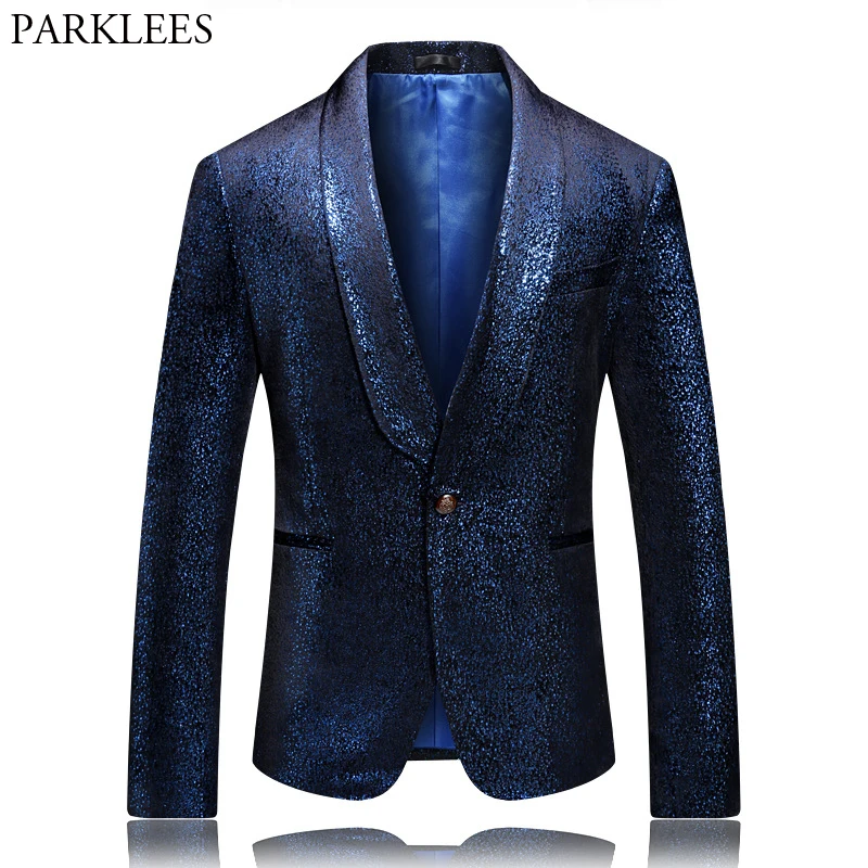 

Men's Stylish Royal Blue Bronzing Velvet Suit Jackets One Button Shawl Collar Party Wedding Dress Blazer Male Stage Costumes 5XL
