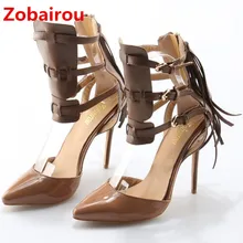 Zobairou/Элегантные свадебные туфли из лакированной кожи; женские туфли-лодочки на высоком каблуке-шпильке с кисточками; сандалии с ремешком на лодыжке; сезон лето; большие размеры