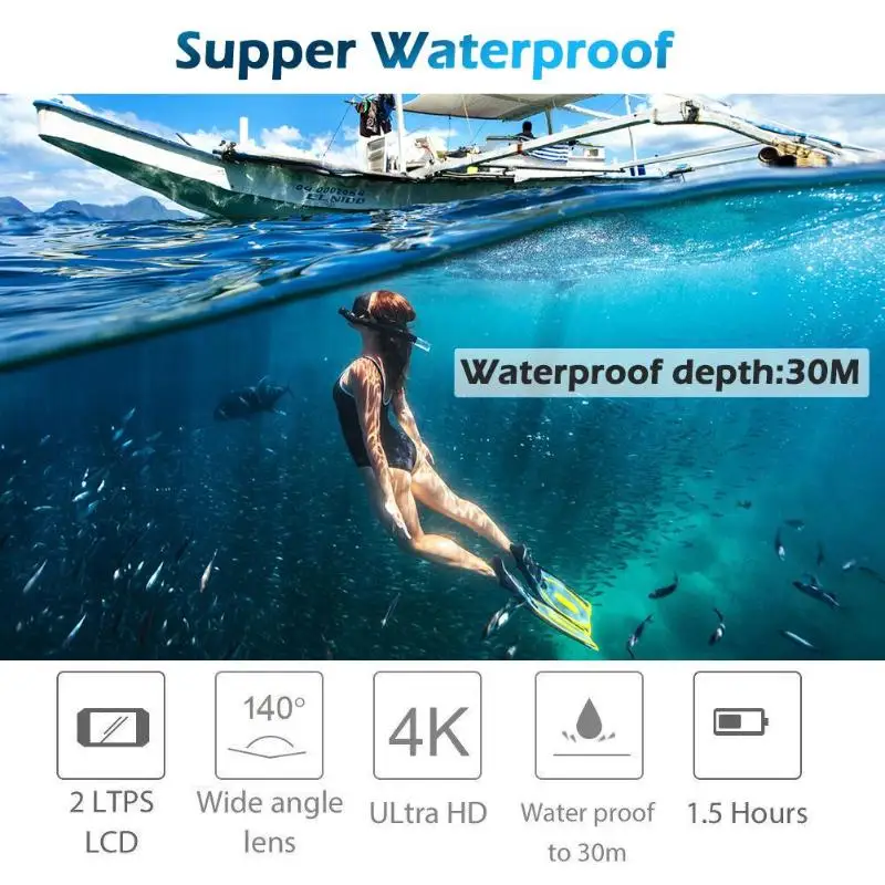 Экшн 4K Спортивная камера 2,0 дюймов WiFi 1080P Ultra HD Экшн-камера 4K 30m Водонепроницаемая Спортивная DVR видеокамера с объективом 140 градусов
