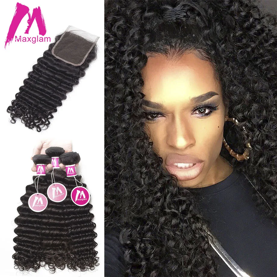 

Maxglam Brazilian Virgin hair Deep Wave 3 Human Hair Bundles with Closure Human Hair Extension Free shipping