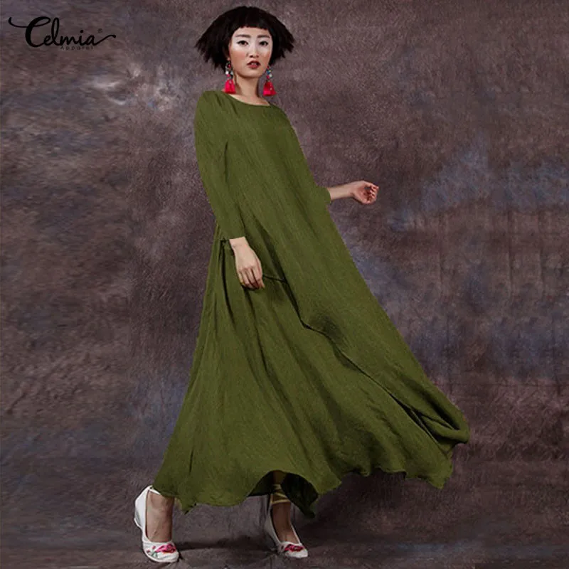 

Celmia 2019 Women Autumn Vintage Maxi Dress Casual Party Retro Long Sleeve Shirred Baggy Long Shirt Vestido Robe Femme Plus Size