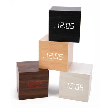 

Cube Wooden Bamboo Clock Digital LED Desk Table Alarm Clock Thermometer Sounds Control LED display Calender Office Decoration
