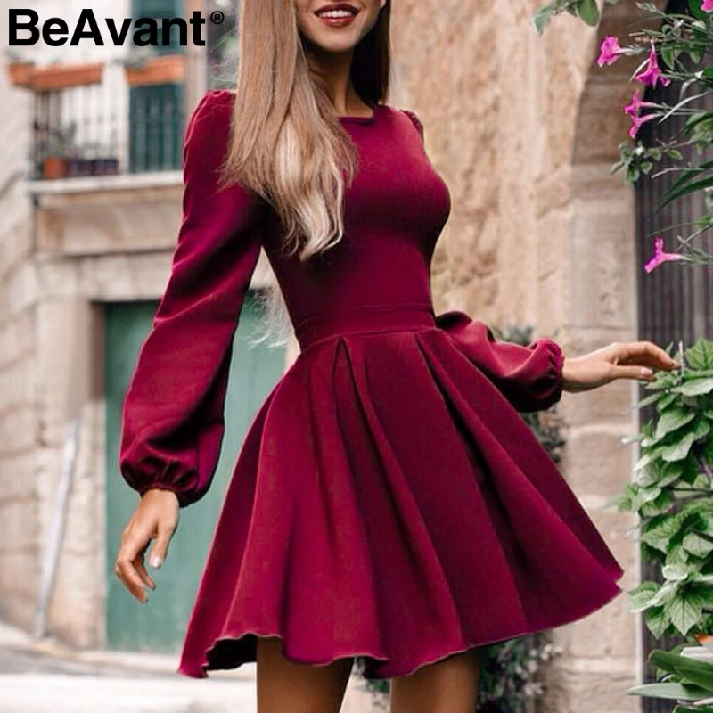 BeAvant Wine red winter women dress elegant Long sleeve pleated party dress casual High waist short dress robe femme hiver 2018