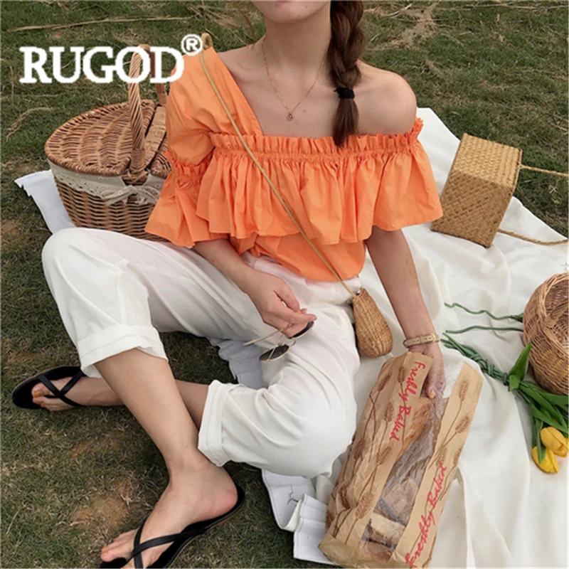 RUGOD, женская блузка, одноцветная, с оборками, с вырезом лодочкой, с расклешенными рукавами, с открытыми плечами, новинка, летнее поступление, модная, женская, элегантная, милая