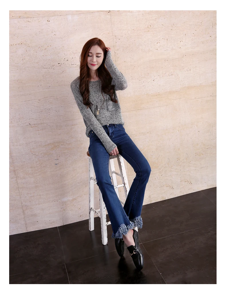 Джинсы женские облегающие брюки-клёш Весенние новые женские брюки корейские расклешенные джинсы с кисточками для женщин