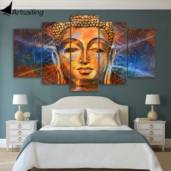 

5 piece HD Printed Canvas Prints Golden Buddha Picture Canvas Print Decor Wall Picture For Living Room Free shipping YA239C