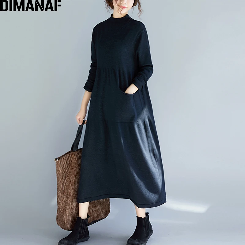 Dimanaf женский длинный Трикотажный Хлопковый зимний свитер с высоким воротом