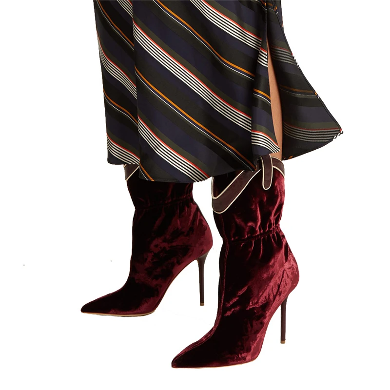 BuonoScarpe/Новинка; пикантные ботильоны из флока со складками; ботинки с острым носком на высоком каблуке-шпильке с эластичной лентой; цвет винный, красный; обувь для ночного клуба; большие размеры