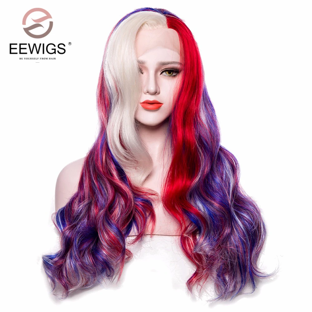 

EEWIGS 24" High Temperature Fiber Wig Red Purple Mixed Color Long Wave Wig Lace Front Synthetic Wigs for Women Free Part