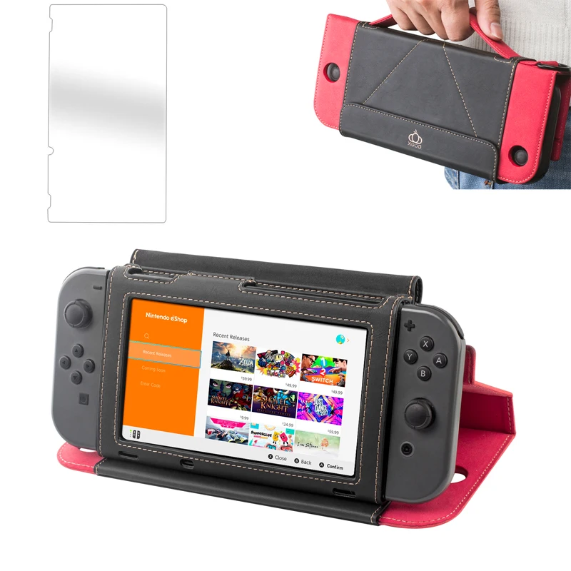 

Leather Flip Protective Stand Carrying Case Wallet Shell for Nintend Switch NS Console Joy-Con W/ Card Slot+Tempered Film Cover