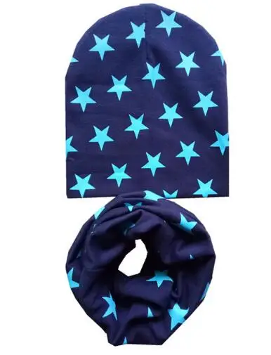 Зимний детский комплект с шапочкой, красивый детский головной убор со звездой, весенний теплый для шеи воротник, детские вязаные шапки, комплекты, хлопковая детская шляпа, шарф, комплект - Цвет: navy blue star