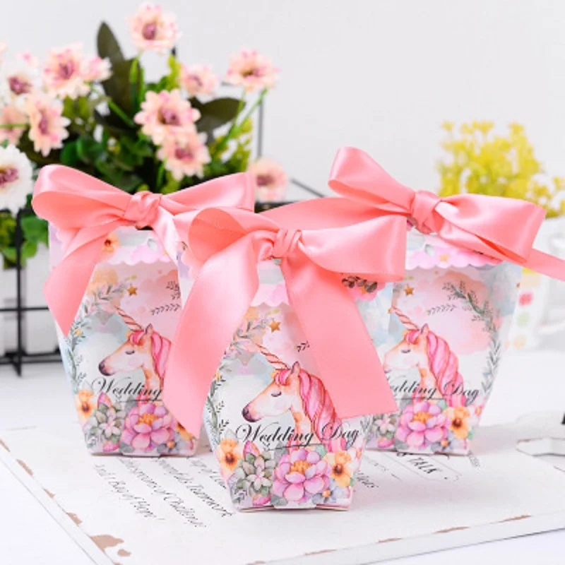 

OUDIROSE YOURANWISH 1pc Wedding Candy Box Unicorn Flamingo Pattern Logo Baby Shower Party Decoration Ribbon Gift Box Gift Pink