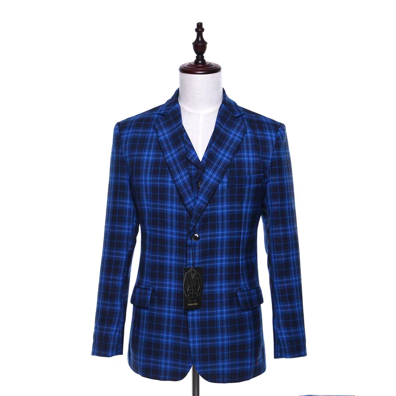New Mens Casual Blazers Jacket Blue Plaid Pattern Wool Slim Fit England