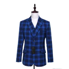 Blue Plaid Pattern Wool Slim Fit England Style Blazer