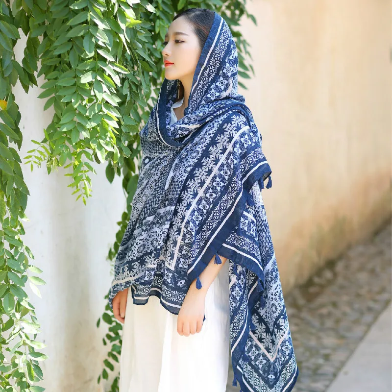 Scarf with Tassel for Spring Summer and Autumn Floral Patterns Cotton