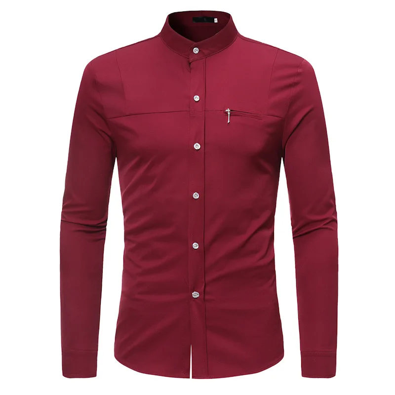 

Fashion Mens Stand Collar Business Shirts Men Casual Solid Color Zippered Decorative Long Sleeve Shirts for Spring Summer S-XL