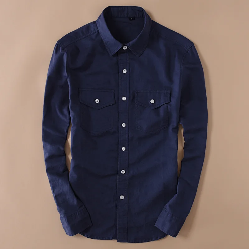 Men Solid Full Sleeve Linen Cotton Shirt Slim Breathable