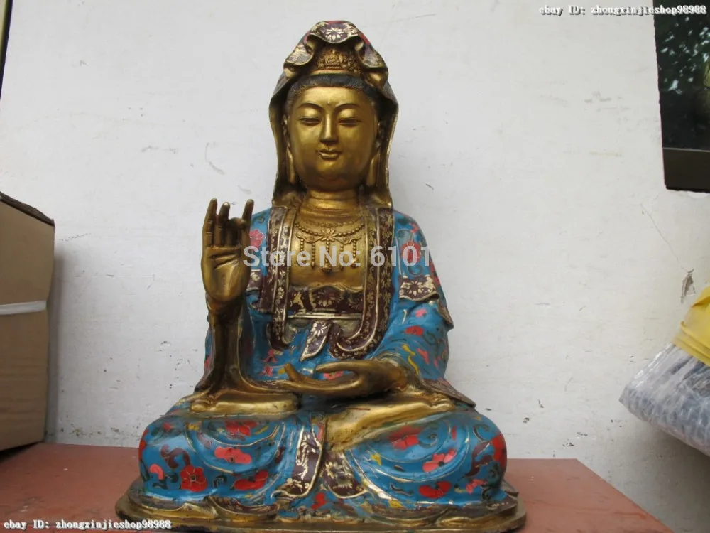 

17"Tibet Copper Gilt Handwork Cloisonne Kwan-yin Buddha Guanyin statue