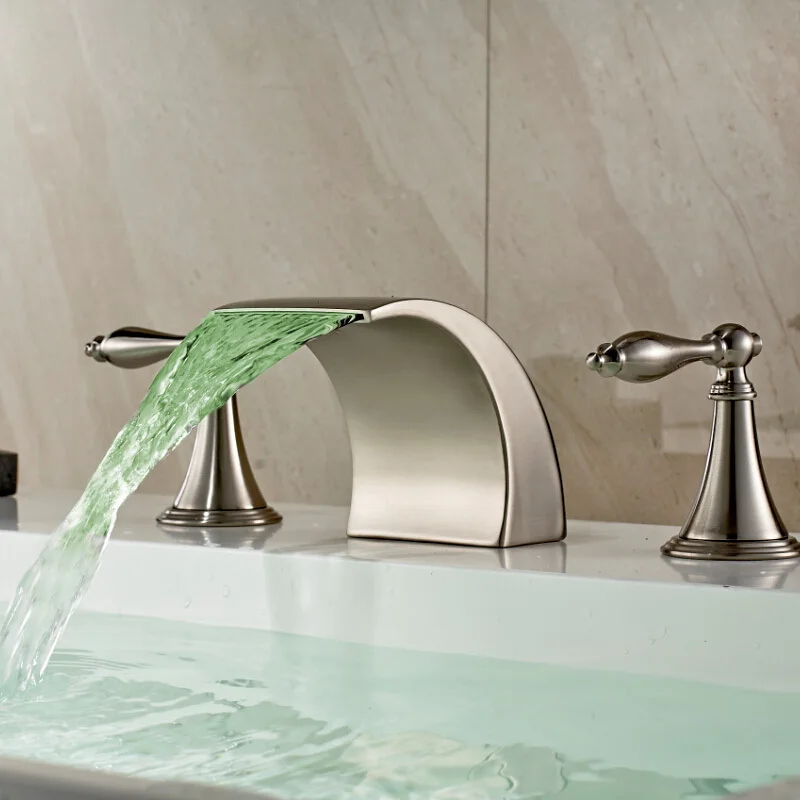 New Arrive Dual Handles Waterfall Brushed Nickel LED Bathtub Basin Mixer Faucet Luxury Widespread Bathtub Faucet