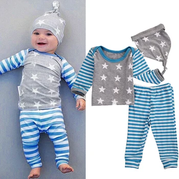 

Newborn Baby Boys Girl Stars T-shirt Tops Pants Hat Striped Outfits Clothes 3Pcs Set