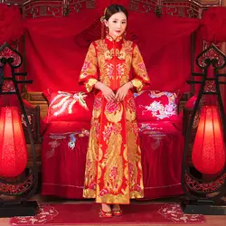 Весна Китайский Для женщин свадебное платье QiPao вышивка вечернее длинное платье la robe de mariée cheongsam femmes изложению