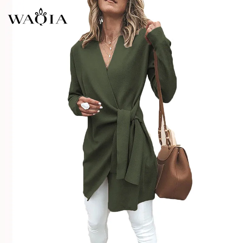 WAQIA 2018 зимнее длинное пальто с поясом из смесовой шерсти Осень v-образный вырез