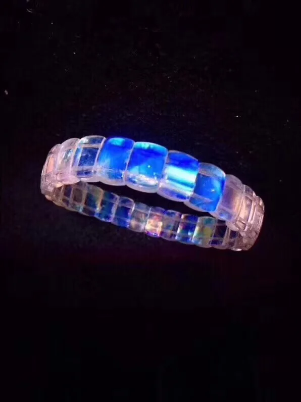 

Genuine Natural Strong Blue Light Moonstone Quartz Bangle For Woman Lady Crystal 10.8x7x4.5mm Barrel Shape Stretch Bracelet