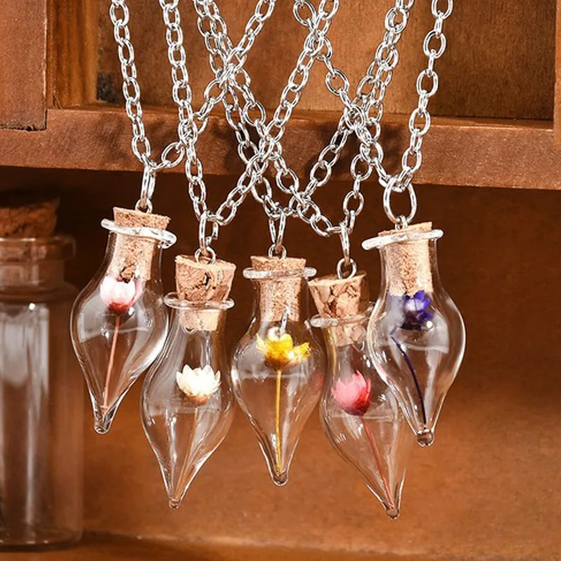 

New Fashion New Women Lady Girls Pendant Necklace Link Chain Necklace Lucky Wish Glass Bottle Chains Necklaces Dry Flower