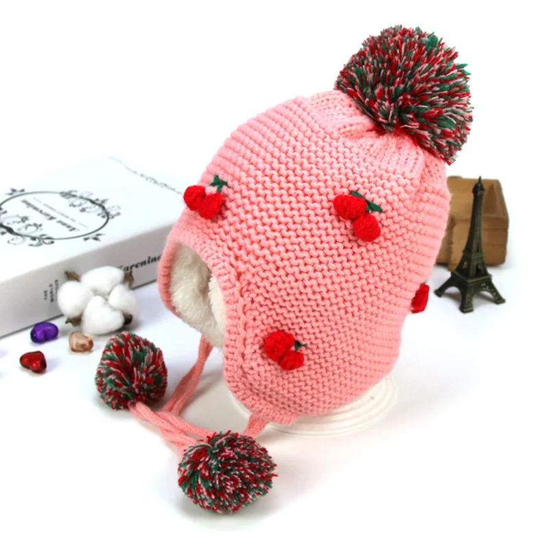 Cheery Knit Baby Hat Warm Velvet Winter Hat For Girls Ear Protect Lace Up Baby Beanie Pompom Cute Toddler Hat Baby Girl Clothing (2)