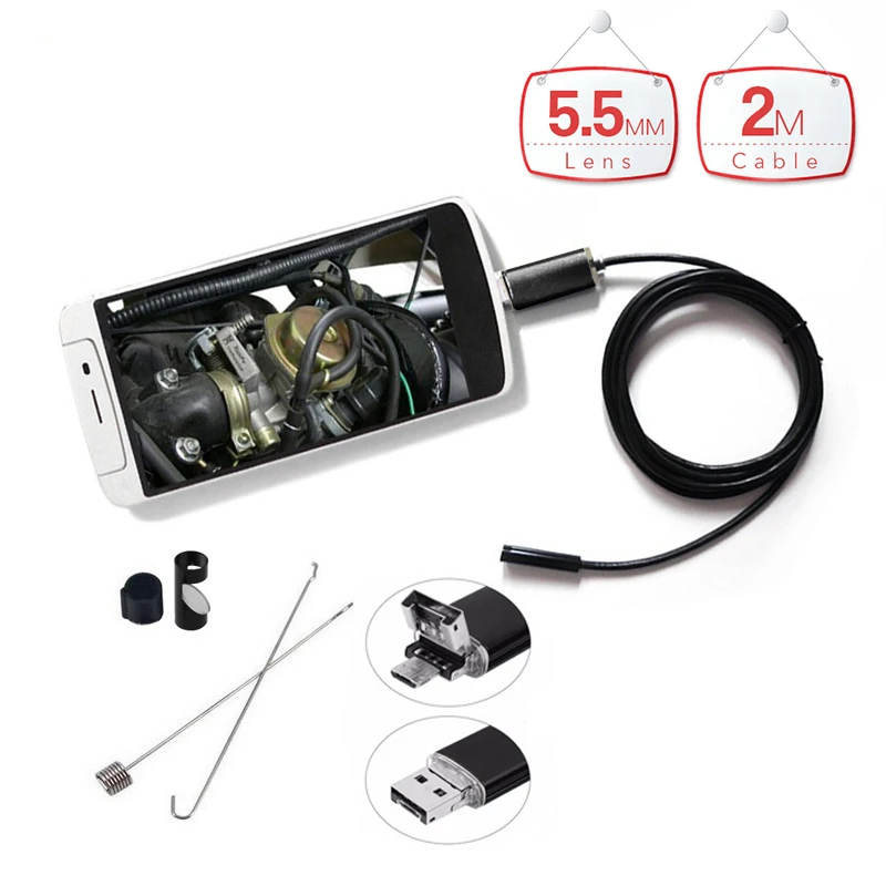 

AN99 5.5mm Lens 2IN1 Endoscope 2m Waterproof Micro USB Android Endoscope Camera 6LED Inspection Borescope for Smart Phones PC