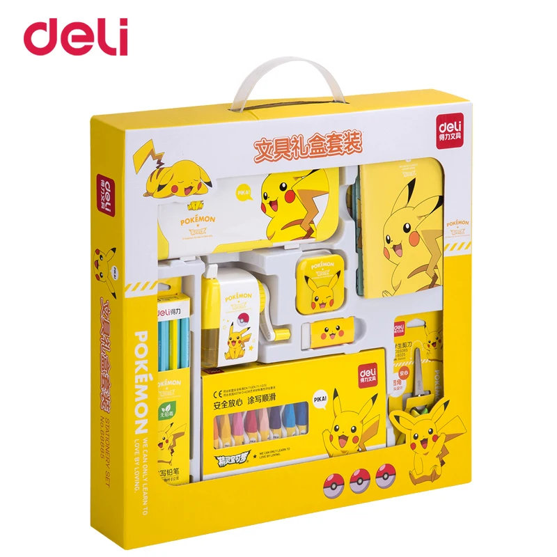 

Deli Kawaii Pokemon 8pcs School Kit Pikachu Creative Student Gift Set Child Prize Stationery Set Drawing writing pens notebook