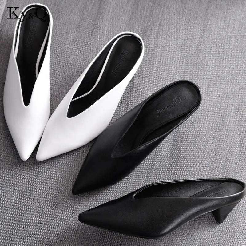 

2018 Summer New Point Toe Genuine Leather Slip on Slingbacks Med Heels Concise Women Pumps High Quality Lady Party Sandals Shoes