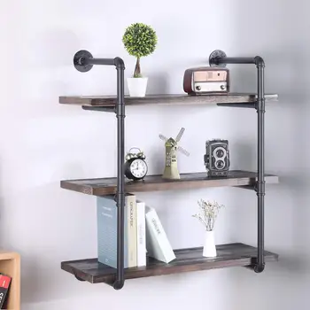 

KINMADE Industrial Pipe Floating Ladder Shelf Vintage Display Rack Rustic Floating Storage Shelf 3 Tier Wall Mounted