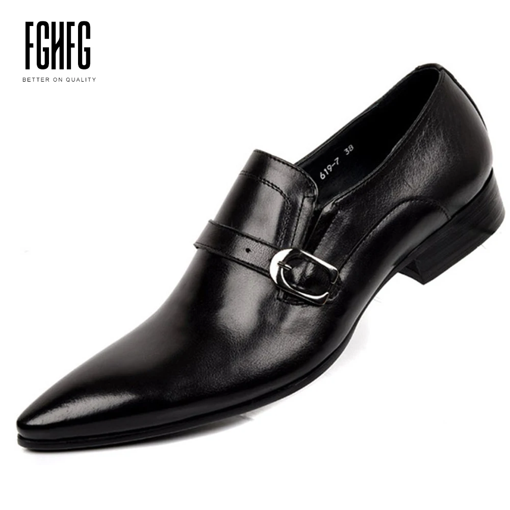 

Men's Shoes Genuine Leather Cowhide Leather Pig Inner Pointed Toe Basic Dress Wedding Business Shoes 2018 New Slip On